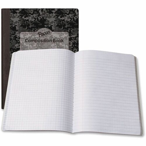 Pacon Dual Ruled Composition Book - 1 Subject(s) - 100 Sheets - Tape Bound - Legal/Wide Ruled Front Ruling - 9 3/4" x 7 1/2" Sheet Size - Black Cover - Durable Cover, Hard Cover, Printed, Graph Layout - 1 Each
