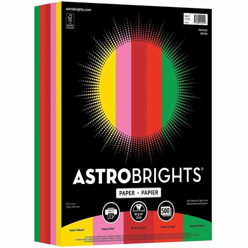 Wausau Paper Astrobrights 24 lb Paper - Letter - 8 1/2" x 11" - 24 lb Basis Weight - Acid-free, Lignin-free, Heavyweight - Assorted - 500 Sheets - 500 Sheets per Ream - 1 Ream
