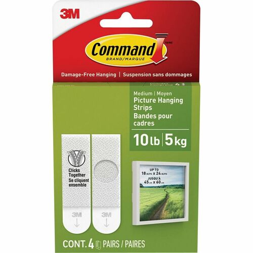 Command Hanging Strip - 10 lb (4535.92 g) Capacity - 6.70" (170.18 mm) Height x 3.81" (96.77 mm) Width x 0.50" (12.70 mm) Length - for Pictures, Wall, Frame, Art, Mirror, Clock, Sign, Board, Decoration, Dorm, Apartment, ... - White - 4 / Pack