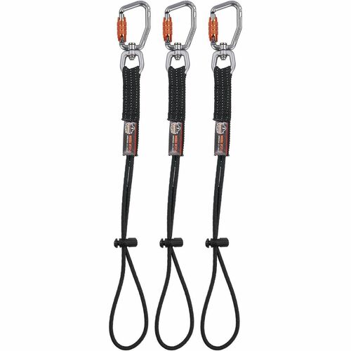 Ergodyne Squids 3714 Elastic Tool Tail Lanyard - Adjustable - 10 lb Load Capacity - Carabiner Attachment - Black - Nylon, Aluminum, Elastic - 3 Pack