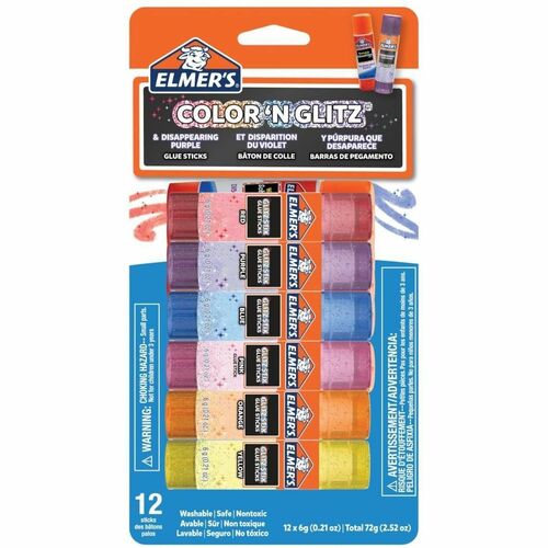 Elmer's Color 'N Glitz Glue Sticks - 0.21 oz - 12 / Pack - Red, Blue, Pink, Yellow, Orange, Purple