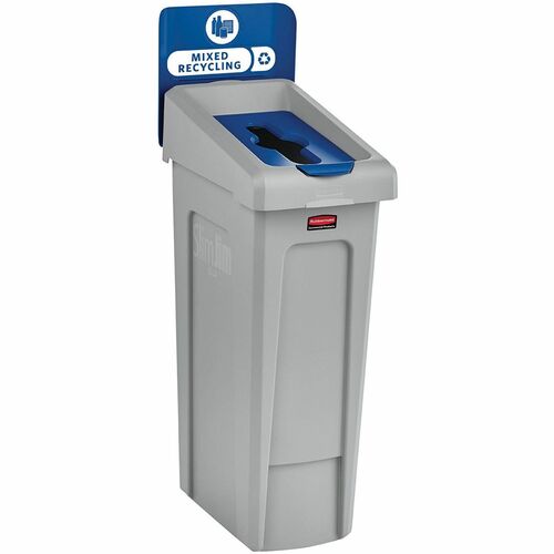 Rubbermaid Commercial Slim Jim Recycling Station 1-Stream Mixed Recycling, 23 Gal - 23 gal Capacity - For Commercial - Durable, Recyclable - 40.2" Height x 12" Width x 15.2" Depth - Resin - Gray, Blue - 1 Each