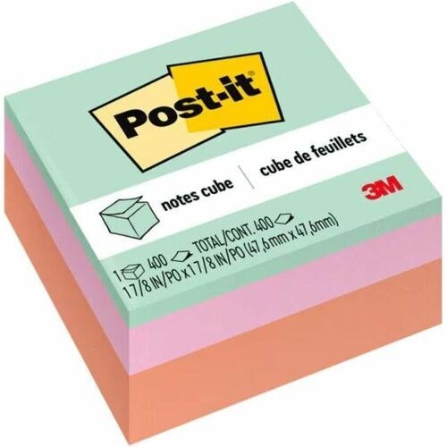 Post-it® Notes Cube, 1 7/8 in. x 1 7/8 in., Assorted Pastels, 400 Sheets/Cube - 400 x Assorted Pastel - 1 7/8" (47.63 mm) Flag/Note Width x 1 7/8" (47.63 mm) Flag/Note Length - Square - 400 Sheets per Pad - Assorted Pastel - Paper - Repositionable, St