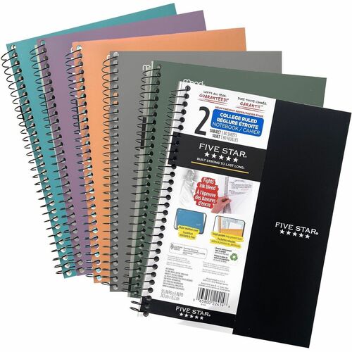 Five Star Notebook - 2 Subject(s) - 80 Sheets - Spiral Bound - College Ruled Front Ruling - 9 1/2" (241.30 mm) x 6" (152.40 mm) Sheet Size - Assorted Poly, Black, Green, Gray, Teal, Purple, Orange Cover - Heavyweight Sheet, Durable Cover, Heavy Duty, Perf