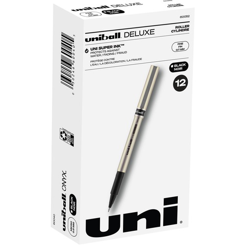 uni-ball® Deluxe Rollerball Pens, Fine Point, 0.7 mm, Gold Barrel, Black Ink, Pack Of 12 - Fine Pen Point - 0.7 mm Pen Point Size - Black - Champagne Barrel - 12 / Pack
