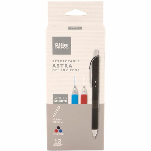 Office Depot® Brand Astra Retractable Gel Ink Pens, Medium Point, 0.7 mm, Assorted Barrel Colors, Assorted Ink Colors, Pack Of 12 Pens - 0.7 mm Medium Chisel Pen Point - Refillable - Retractable - Black, Blue, Red Ink - Gel-based - Black Plastic, Blue