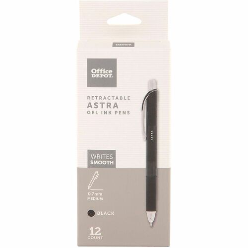 Office Depot® Brand Astra Retractable Gel Ink Pens, Medium Point, 0.7 mm, Black Barrel, Black Ink, Pack Of 12 Pens - 0.7 mm Medium Chisel Pen Point - Refillable - Retractable - Black Ink - Gel-based - Black Plastic Barrel - 12 / Pack