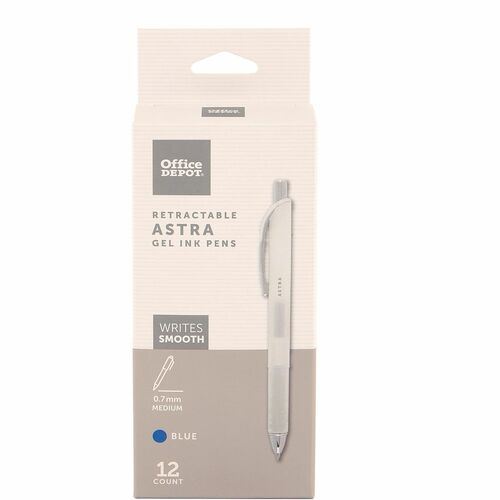 Office Depot® Brand Astra Retractable Gel Ink Pens, Medium Point, 0.7 mm, White Barrel, Blue Ink, Pack Of 12 Pens - 0.7 mm Medium Chisel Pen Point - Refillable - Retractable - Blue Ink - Gel-based - White Plastic Barrel - 12 / Pack