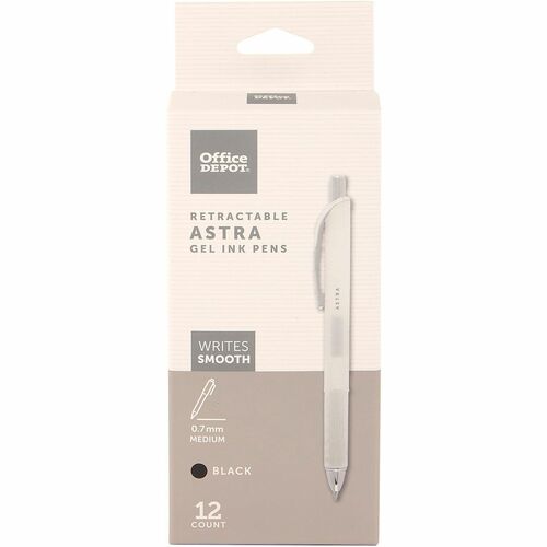 Office Depot® Brand Astra Retractable Gel Ink Pens, Medium Point, 0.7 mm, White Barrel, Black Ink, Pack Of 12 Pens - 0.7 mm Medium Pen Point - Refillable - Retractable - Black Ink - Gel-based - White Plastic Barrel - 12 / Pack