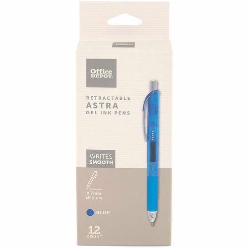 Office Depot® Brand Astra Retractable Gel Ink Pens, Medium Point, 0.7 mm, Blue Barrel, Blue Ink, Pack Of 12 Pens - 0.7 mm Medium Pen Point - Refillable - Retractable - Blue Ink - Gel-based - Blue Plastic Barrel - 12 / Pack
