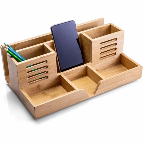 Achieva Bamboo Desk Organizer - 7 Compartment(s) - 5.2" Height x 14" Width x 8.6" Depth - Stackable, Biodegradable, Durable, Portable - Bamboo - Bamboo - 1 Each