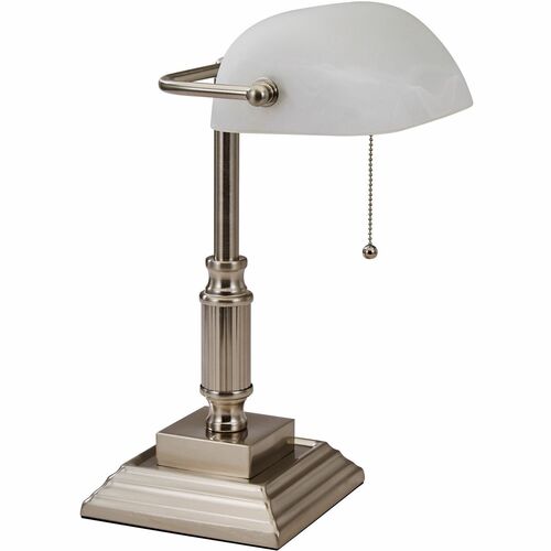 Victory Light Banker's Brass Desk Lamp - 14.8" Height - 6.5" Width - 10 W LED Bulb - Brushed Nickel - Rotating Glass Shade, Hanging Chain - Metal - Desk Mountable - Nickel, White - for Desk, Bank, Office, Home