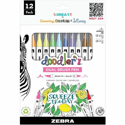 Zebra Pen Doodler'z Dual Brush Pen - Bullet, Brush Pen Point Style - Assorted Water Based Ink - 12 / Pack