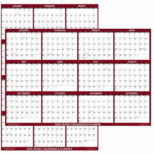 2025 SwiftGlimpse Reversible Yearly Wall Calendar, 32" x 48" , Maroon, January To December - Large - Regular - Weekly, Monthly, Yearly, Daily - January 2025 to December - Cut-flush - 32" Height - Erasable, International Holiday, Reversible