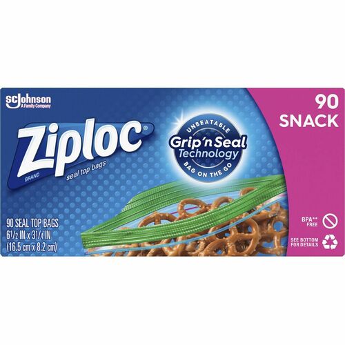 Ziploc® Snack Size Storage Bags - 3.75" Width x 6.50" Length - Clear - Snack, Food, Storage, Fruit, Vegetables, School, Park, Office, Commercial, Industrial - 90/Box - 12 / Carton