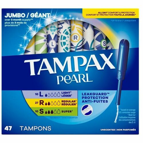 Tampax Pearl Trio Pack Light/Regular/Super - Size 47 - Light/Regular/Super - Anti-leak, Dye-free, Latex-free, Unscented, Comfortable, Chlorine-free - 47 / Pack