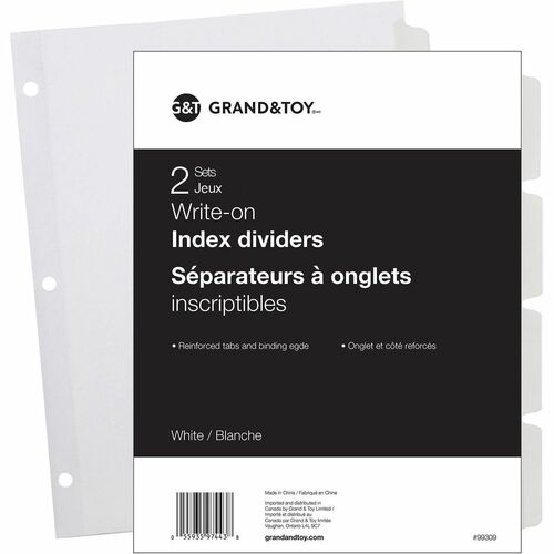 Grand & Toy Write-On Index Dividers, White, 8 1/2" x 11" , 4-Tabs/ST, 2 Sets/PK - Blank, Write-on Tab(s) - Index - 4 Tab(s)/Set - Letter - 8.50" (215.90 mm) Width x 11" (279.40 mm) Length - 3 Hole Punched - White Plastic DividerRecycled - Writable, Reinfo