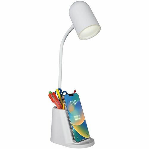 OttLite Aglow Organizer LED Desk Lamp - 14" Height x 3.7" Width - 5 W LED Bulb - Wireless Charging, ClearSun LED, Flexible Neck, Adjustable Brightness, Touch-activated, Color Temperature Setting, Adjustable Height - White - for Desk, Smartphone