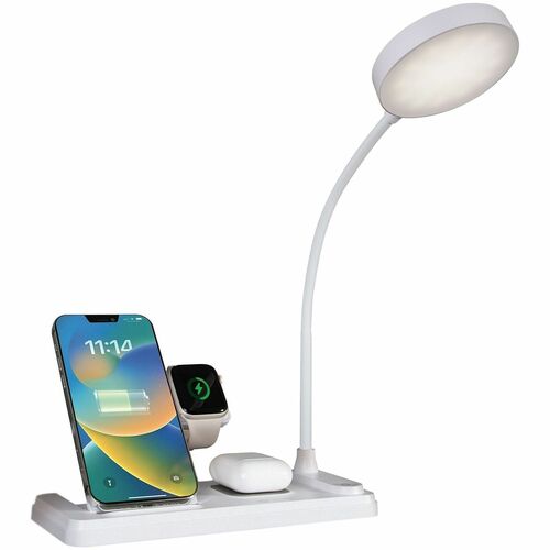 OttLite LED Desk Light with Multi Charging Station - 14" Height x 3.7" Width - LED Bulb - Wireless Charging, Built-in USB Port, Dimmable, Flexible Neck, Touch-activated - White - for Desk