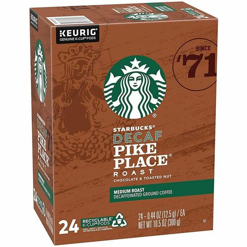 Starbucks K-Cup K-Cup Coffee - Compatible with Keurig K-Cup Brewer - Medium - 24 / Box - Compatible with Keurig K-Cup Brewer - American - Medium - K-Cup - Classic, Pike Place Roast - Decaffeinated - 24 / Box