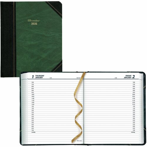 Brownline Daily Planner Hard Cover 8" x 6-1/2" , English, Green - Daily - 1 Year - January 2026 to December 2026 - 7:00 AM to 7:00 PM - Half-hourly - 1 Day Single Page Layout - 6 1/2" (165.10 mm) x 8" (203.20 mm) Sheet Size - Sewn - Hard Cover, Appointmen