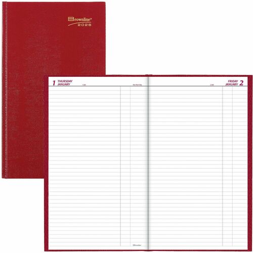 Brownline Traditional Daily Hard Cover Bound Journal 13-3/8" x 7-7/8" Red English - Daily - 12 Month - January 1, 2026 to December 31, 2026 - 1 Day Single Page Layout - 7 7/8" (200.03 mm) x 13 3/8" (339.73 mm) Sheet Size - Perfect - Desktop - Red -