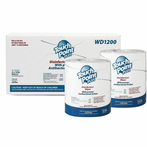 Touch Point® Plus Disinfectant Wipes - For Multi Surface, Multipurpose - Wipe - 8" Length x 6" Width - Recommended For: Bacteria Remover, Odor Remover, Virus Remover - Fast Acting, Alcohol-free - White - 1200 Wipes/Roll - 2 / Carton