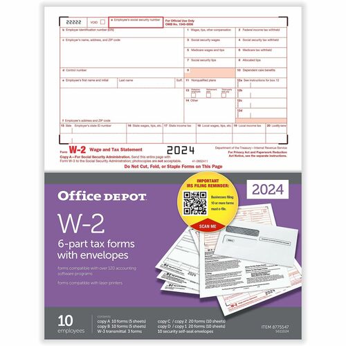 Office Depot® W-2 Laser Tax Forms And Envelopes, 6-Part, 2-Up, 8-1/2" x 11" , Pack Of 10 Form Sets - 6 Part - Letter - 8.50" x 11" Sheet Size - White Sheet(s) - Red, Black Print Color - 10 Each
