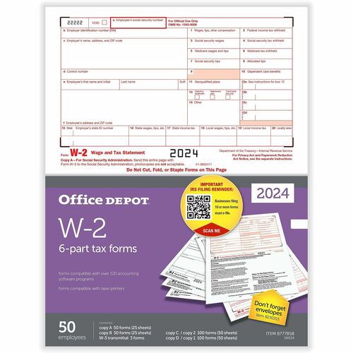 Office Depot® W-2 Laser Tax Forms, 6-Part, 2-Up, 8-1/2" x 11" , Pack Of 50 Form Sets - 6 Part - Letter - 8.50" x 11" Sheet Size - White Sheet(s) - Red, Black Print Color - 50 Each