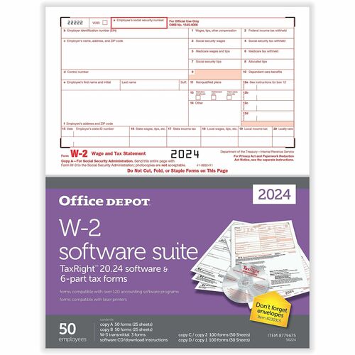 Office Depot® W-2 Laser Tax Forms With Software, 6-Part, 2-Up, 8-1/2" x 11" , Pack Of 50 Form Sets - 6 Part - Letter - 8.50" x 11" Sheet Size - White Sheet(s) - Red, Black Print Color - 50 Each
