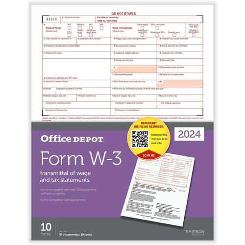 Office Depot® W-3 Laser Tax Forms, 1-Part, 8-1/2" x 11" , Pack Of 10 Forms - 1 Part - Letter - 8.50" x 11" Sheet Size - Red, Black Sheet(s) - Red, Black Print Color - 10 Each