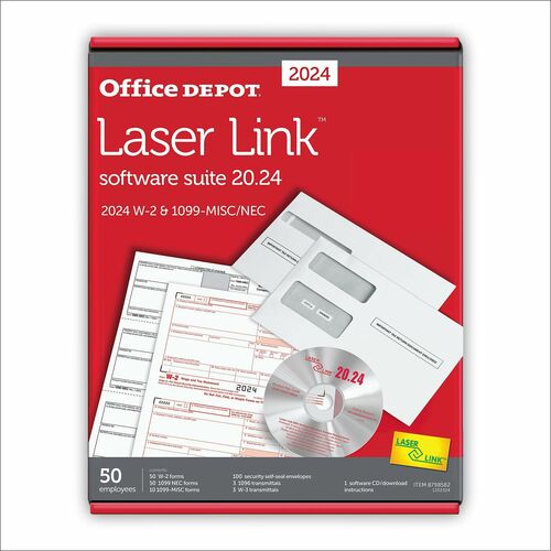 Office Depot® W-2/1099 Laser Form Sets With Envelopes And Software, 6-Part/4-Part, 8-1/2" x 11" , Pack Of 50 Form Sets - 6, 4 Part - Letter - 8.50" x 11" Sheet Size - White Sheet(s) - Red, Black Print Color - 50 Each