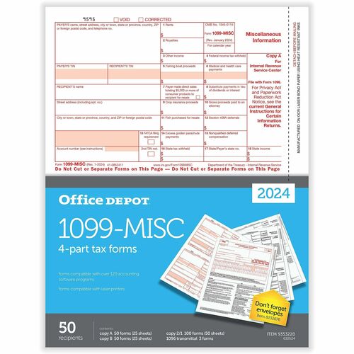 Office Depot® Brand 1099-MISC Laser Tax Forms, 4-Part, 2-Up, 8-1/2" x 11" , Pack Of 50 Form Sets, 6105924 - 4 Part - Letter - 8.50" x 11" Sheet Size - White Sheet(s) - Red, Black Print Color - 50 Each