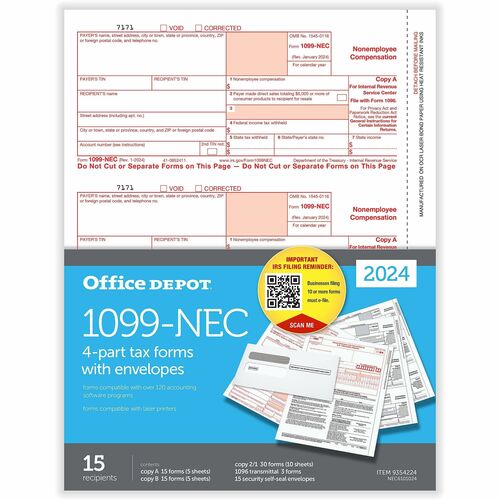Office Depot® Brand 1099-NEC Laser Tax Forms, 4-Part, 3-Up, 8-1/2" x 11" , Pack Of 15 Form Sets, NEC6101024 - 4 Part - Letter - 8.50" x 11" Sheet Size - White Sheet(s) - Red, Black Print Color - 15 Each