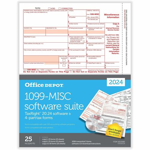 Office Depot® Brand 1099-MISC Laser Tax Forms With Software, 4-Part, 2-Up, 8-1/2" x 11" , Pack Of 25 Form Sets - 4 Part - Letter - 8.50" x 11" Sheet Size - White Sheet(s) - Red, Black Print Color - 25 Each
