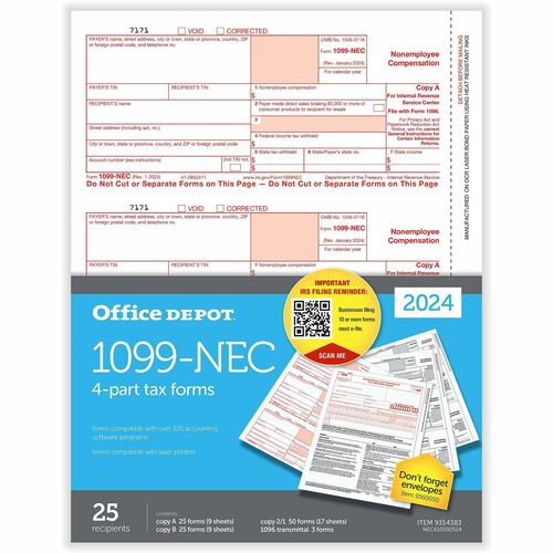 Office Depot® 1099-NEC Laser Tax Forms, 4-Part, 3-Up, 8-1/2" x 11" , Pack Of 25 Form Sets - 4 Part - Letter - 8.50" x 11" Sheet Size - White Sheet(s) - Red, Black Print Color - 25 Each