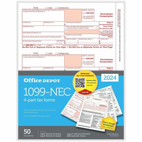 Office Depot® 1099-NEC Laser Tax Forms, 4-Part, 2-Up, 8-1/2" x 11" , Pack Of 50 Form Sets - 4 Part - Letter - 8.50" x 11" Sheet Size - White Sheet(s) - Red, Black Print Color - 50 Each