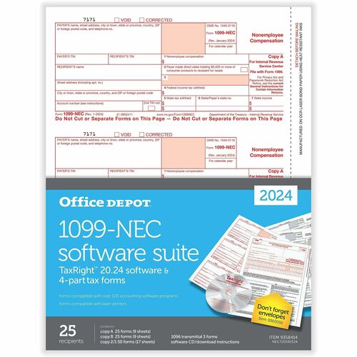 Office Depot® 1099-NEC Laser Tax Forms With Software, 4-Part, 3-Up, 8-1/2" x 11" , Pack Of 25 Form Sets - 4 Part - Letter - 8.50" x 11" Sheet Size - White Sheet(s) - Red, Black Print Color - 25 Each