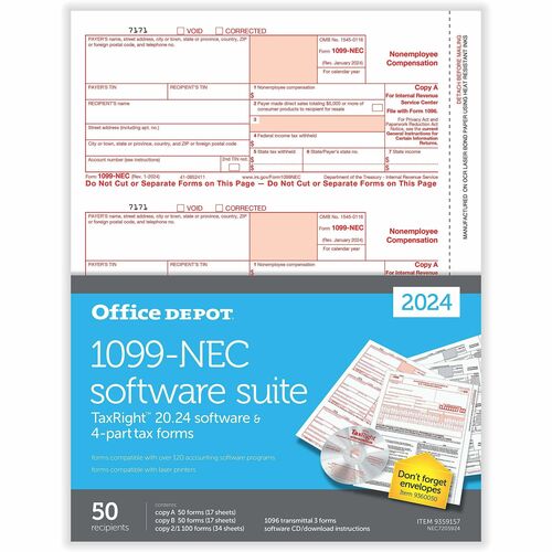 Office Depot® 1099-NEC Laser Tax Forms With Software, 4-Part, 3-Up, 8-1/2" x 11" , Pack Of 50 Form Sets - 4 Part - Letter - 8.50" x 11" Sheet Size - White Sheet(s) - Red, Black Print Color - 50 Each