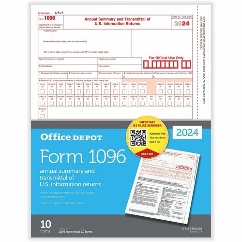 Office Depot® 1096 Laser Tax Forms, 1-Part, 8-1/2" x 11" , Pack Of 10 Forms - 1 Part - Letter - 8.50" x 11" Sheet Size - White Sheet(s) - Red, Black Print Color - 10 Each