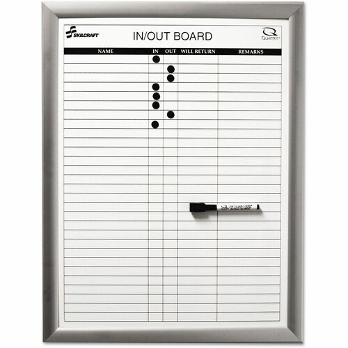 SKILCRAFT® In/Out Board - White Painted Steel Surface - Anodized Aluminum Frame - Gray Sheet Color - Vertical - Magnetic - Magnetic, Scratch Resistant, Dent Resistant, Long Lasting, Durable - 1 Each
