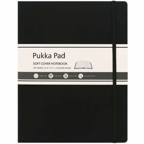 Pukka Pads Signature Notebook - 1 Subject(s) - 96 Sheets - 192 Pages - Casebound/Sewn - College Ruled Front Ruling - Ruled Margin - 80 g/m² Grammage - Letter - 8 1/2" x 11" Sheet Size - Cream Paper - Black Vegan Leather Cover - Soft Cover, Note Secti