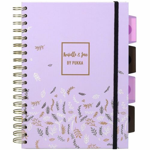 Pukka Pads Rochelle & Jess Notebook - 5 Subject(s) - 100 Sheets - Quad Ruled Front Ruling - Ruled Margin - 80 g/m² Grammage - 7 1/2" x 10" Sheet Size - Black, Lilac, Gold Cover - Graph Layout, Note Section, Repositionable Divider - 3 / Pack