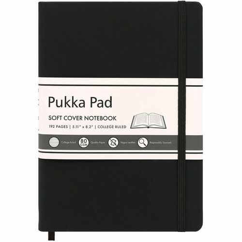 Pukka Pads Signature Notebook - 1 Subject(s) - 96 Sheets - 192 Pages - Casebound/Sewn - College Ruled Front Ruling - Ruled Margin - 80 g/m² Grammage - 5 7/64" x 8 1/5" Sheet Size - Cream Paper - Black Vegan Leather Cover - Soft Cover, Note Section, U