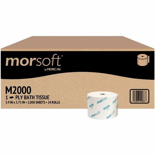 Morcon 1-Ply Small-Core Bath Tissue - 1 Ply - 3.75" Width x 3.90" Length - 2000 Sheets/Roll - 5.10" Roll Diameter - 1" Core - White - Fiber - 24 / Carton