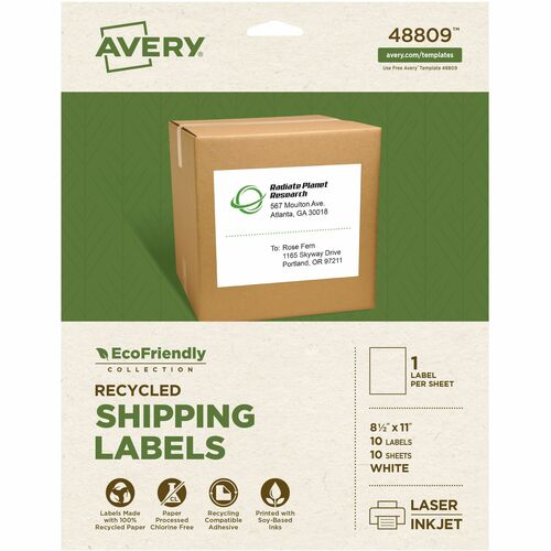 Avery® EcoFriendly Shipping Label - 11" Height x 8 1/2" Width - Permanent Adhesive - Rectangle - Laser, Inkjet - Matte White - Paper - Permanent Adhesive, Eco-friendly, Easy Peel, Chlorine-free, Recyclable - 1 / Sheet - 10 Total Sheets - 10 Total Labe