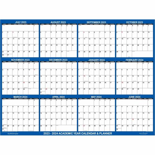 SwiftGlimpse 2023- 2024 Academic Planning Calendar 18" x 24" Navy - Academic - Monthly - 12 Month - July 2023 to June 2024 - 24" x 18" Sheet Size - 1" x 1" , 1" x 0.75" Block - Wall Mount - Navy - Planing Calendar, Grommet, Durable, Erasable, Write on/Wip