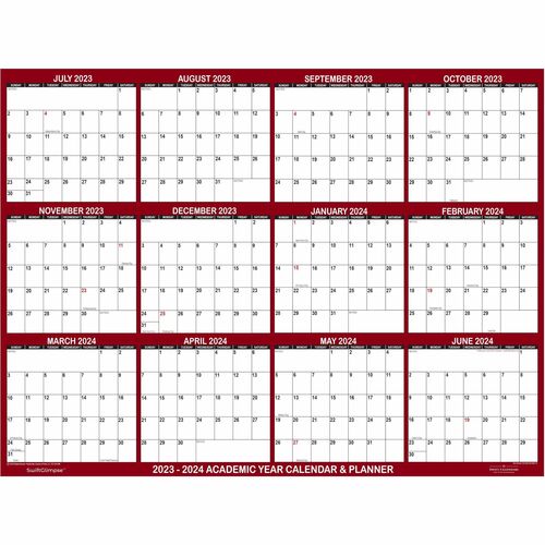SwiftGlimpse 2023 - 2024 Academic Planning Calendar 24" x 36" Maroon - Large - Academic - Monthly - 12 Month - July 2023 to June 2024 - 36" x 24" Sheet Size - 1.25" x 1.25" , 1.50" Block - Wall Mount - Maroon - Planing Calendar, Grommet, Durable, Erasable