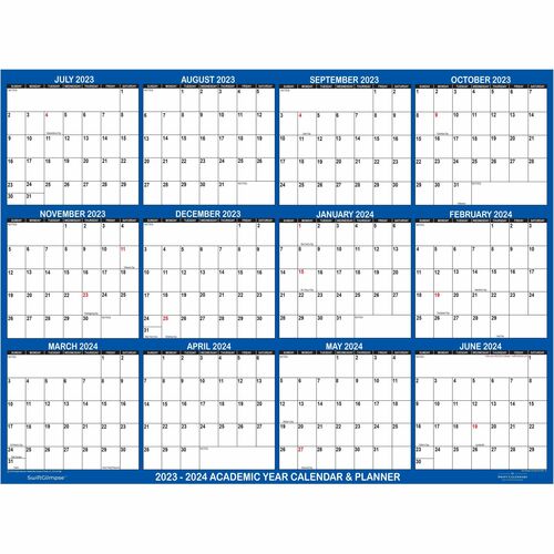 SwiftGlimpse 2023 - 2024 Academic Planning Calendar 48" x 72" Navy - Academic - Monthly - 12 Month - July 2023 to June 2024 - 72" x 48" Sheet Size - 2.50" x 3" Block - Wall Mount - Navy - Planing Calendar, Grommet, Durable, Erasable, Write on/Wipe off, Dr