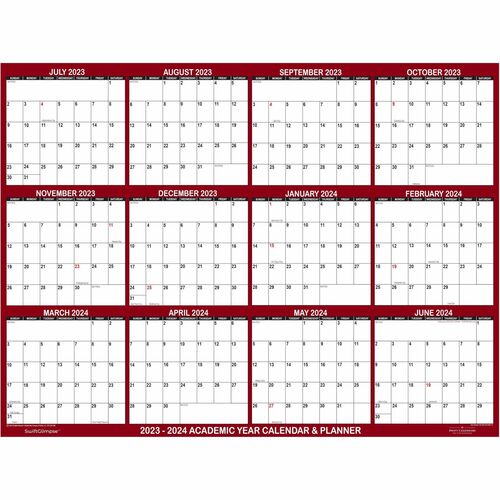 SwiftGlimpse 2023 - 2024 Academic Planning Calendar 32" x 48" Maroon - Extra Large - Academic - Monthly - 12 Month - July 2023 to June 2024 - 48" x 32" Sheet Size - 2" x 2" Block - Wall Mount - Maroon - Planing Calendar, Grommet, Durable, Erasable, Write 